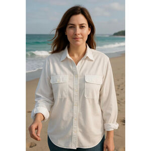 Lands' End Button-Up Shirt Size Med White Chest Pockets Collard Preppy Coastal